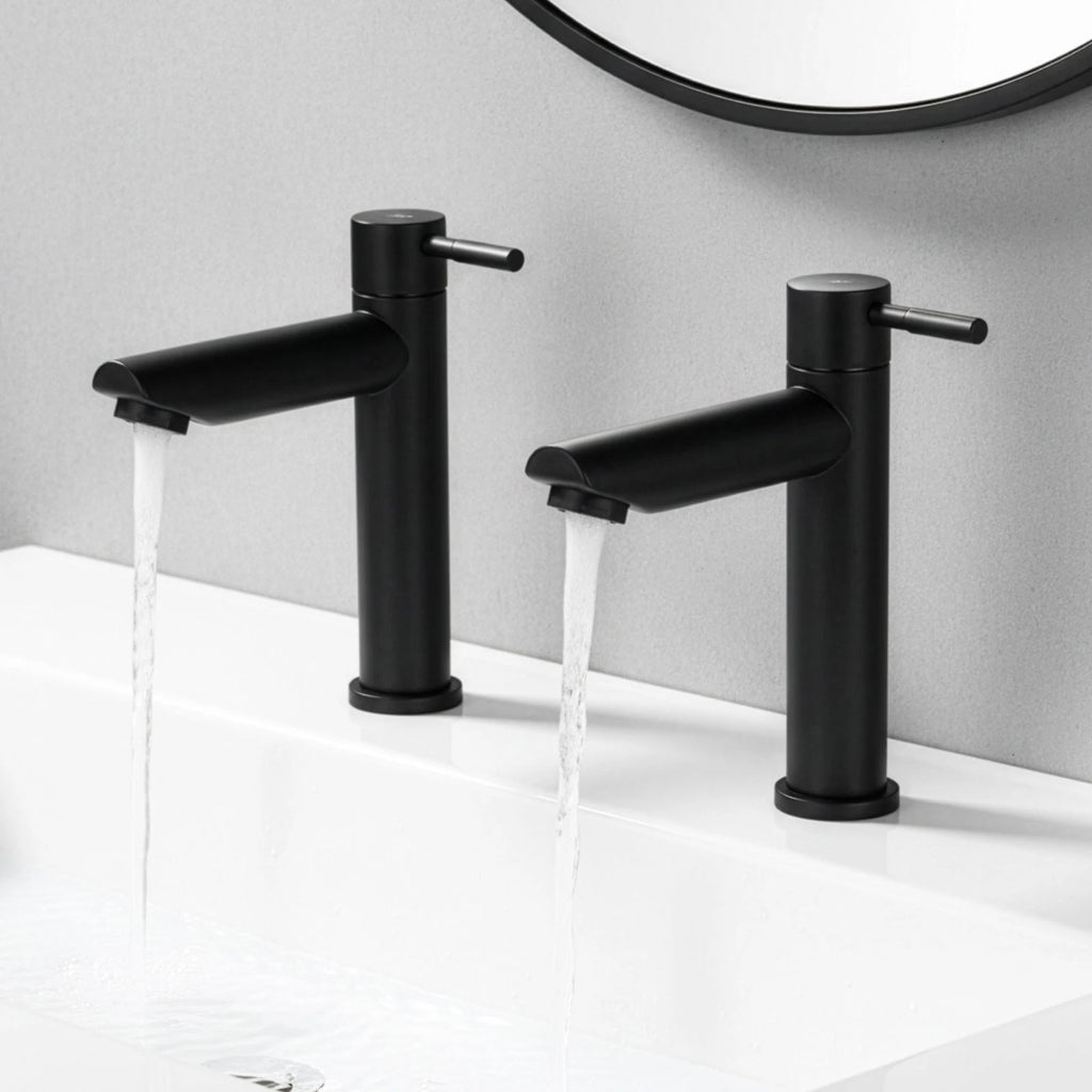 Round Cloakroom Taps Black Basin Pillar Taps Pair, Twin Hot & Cold Sink Taps