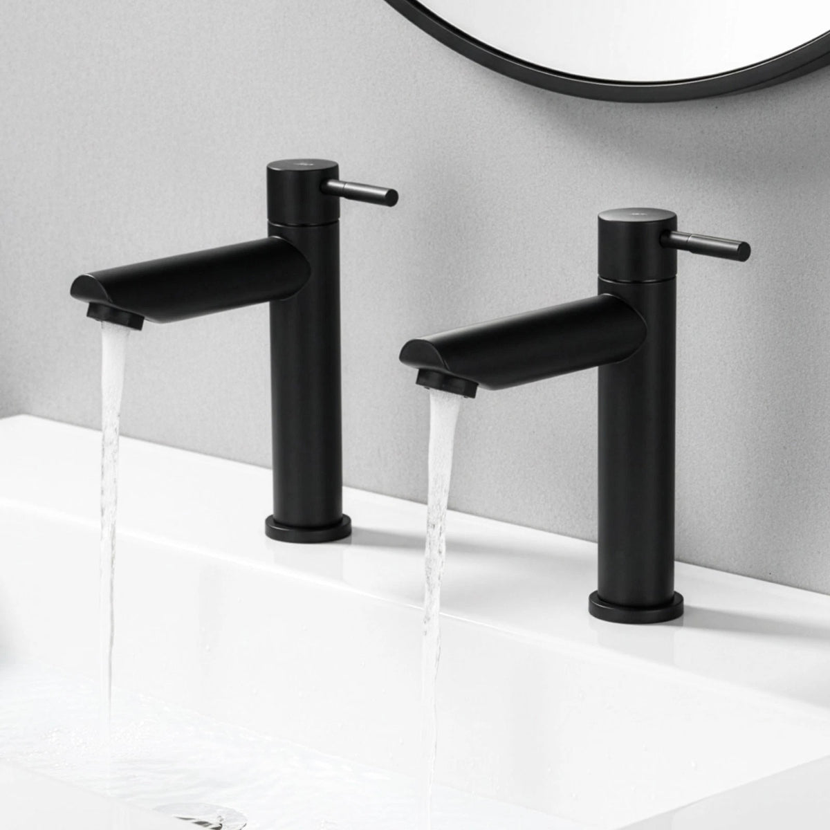 Round Cloakroom Taps Black Basin Pillar Taps Pair, Twin Hot & Cold Sink Taps