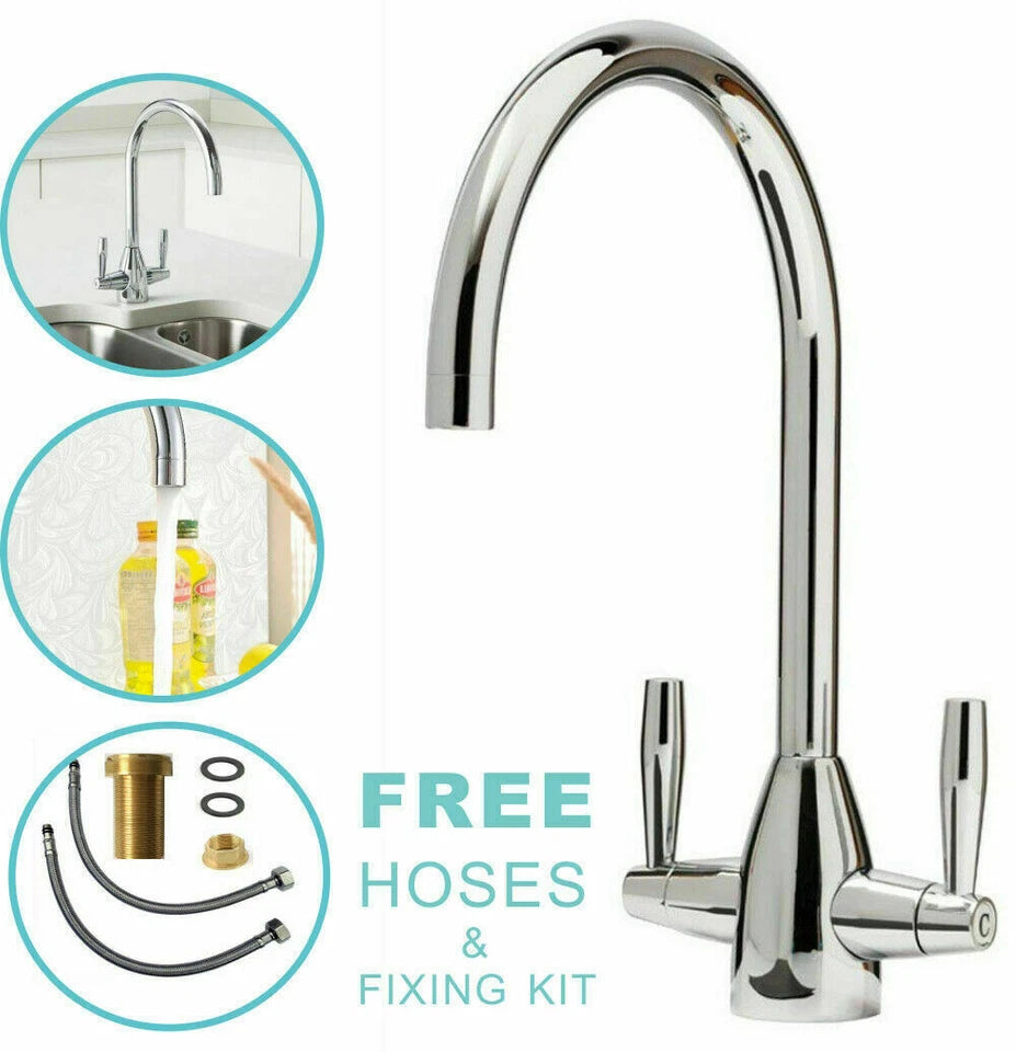 Kitchen Modern Mono Sink Mixer Tap Twin Lever Chrome Swivel Spout Faucet