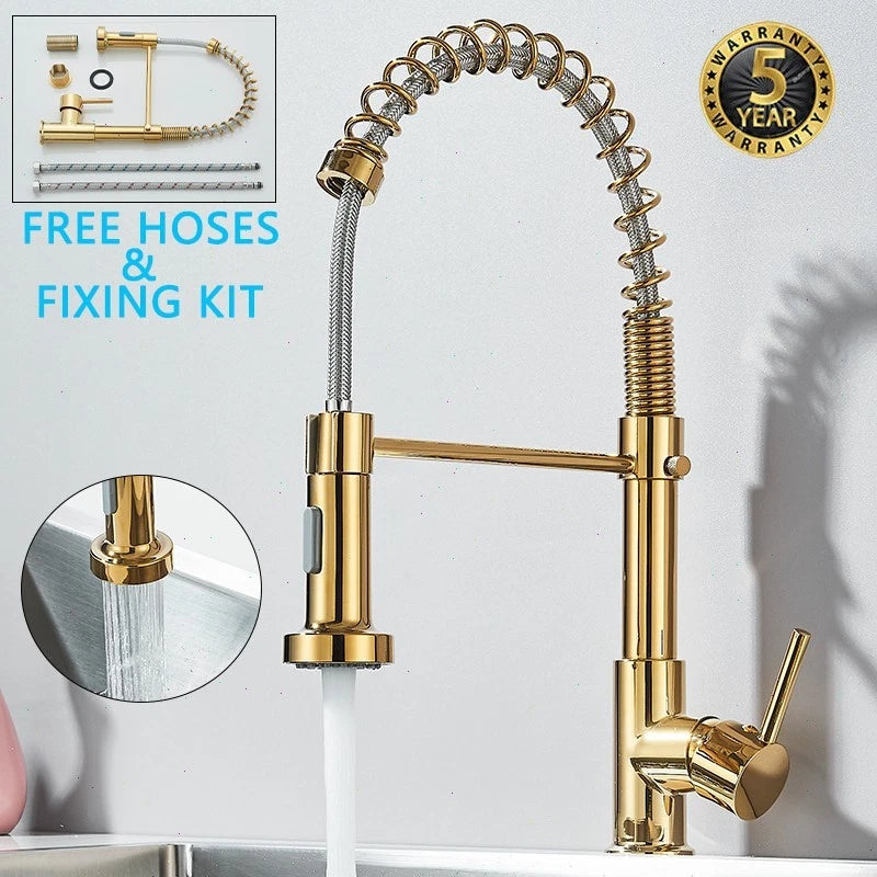 Gold Kitchen Sink Mixer Taps 360° Swivel Dual Spout Single Lever Modern Mono Tap