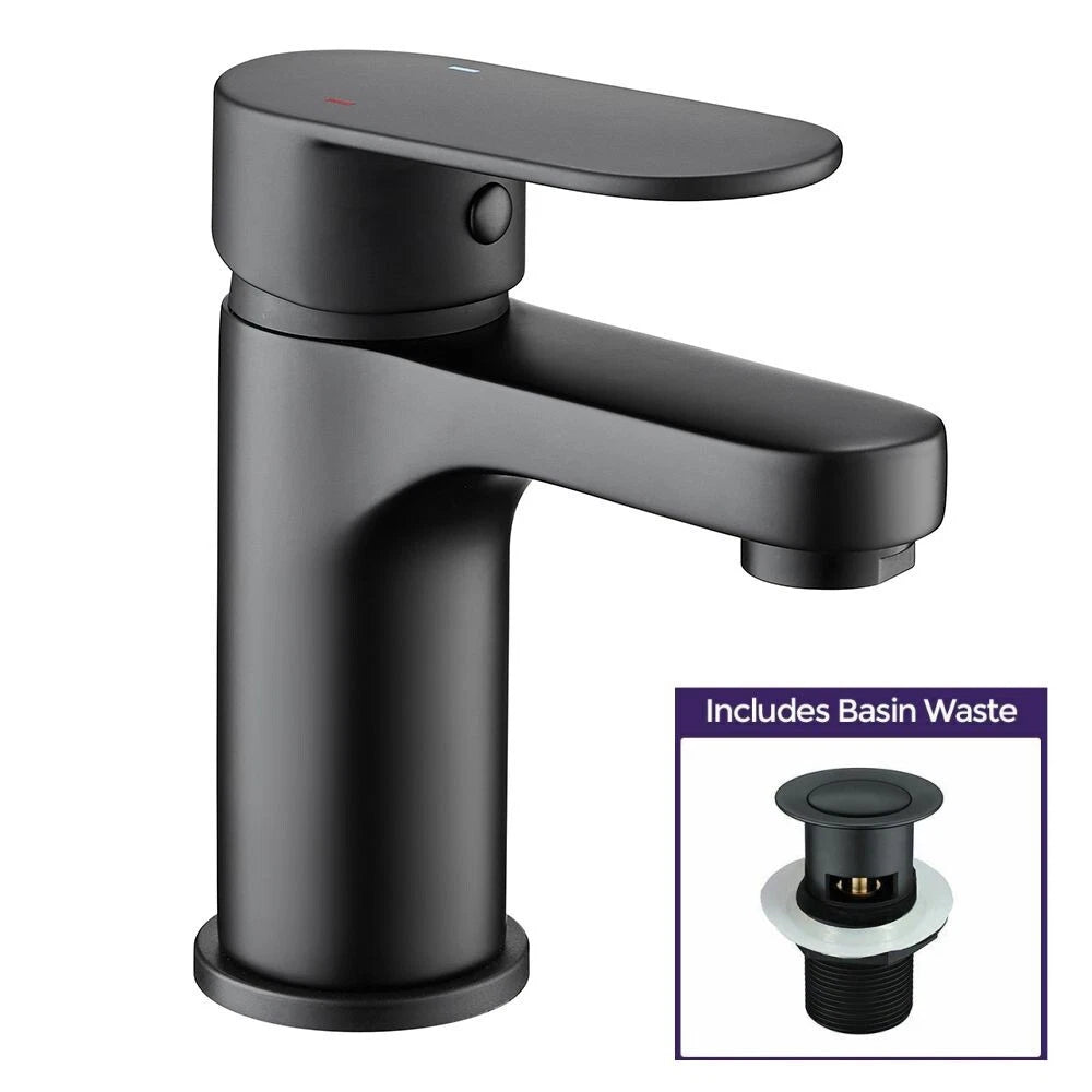NEW Modern Waterfall Bathroom Tap Basin Sink Mono Mixer Black Cloakroom + Waste