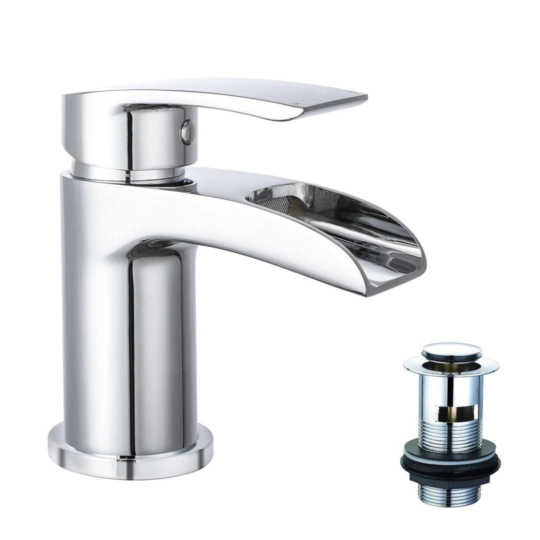 Bathroom Basin Mixer Tap with Waste Waterfall Round Mono Mixer Tap Chrome