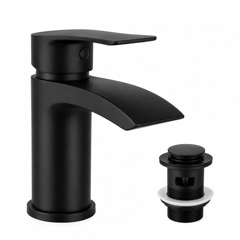 Black Bathroom Basin Mixer Tap Curved Modern Mono Cloakroom Sink Tap + Fittings