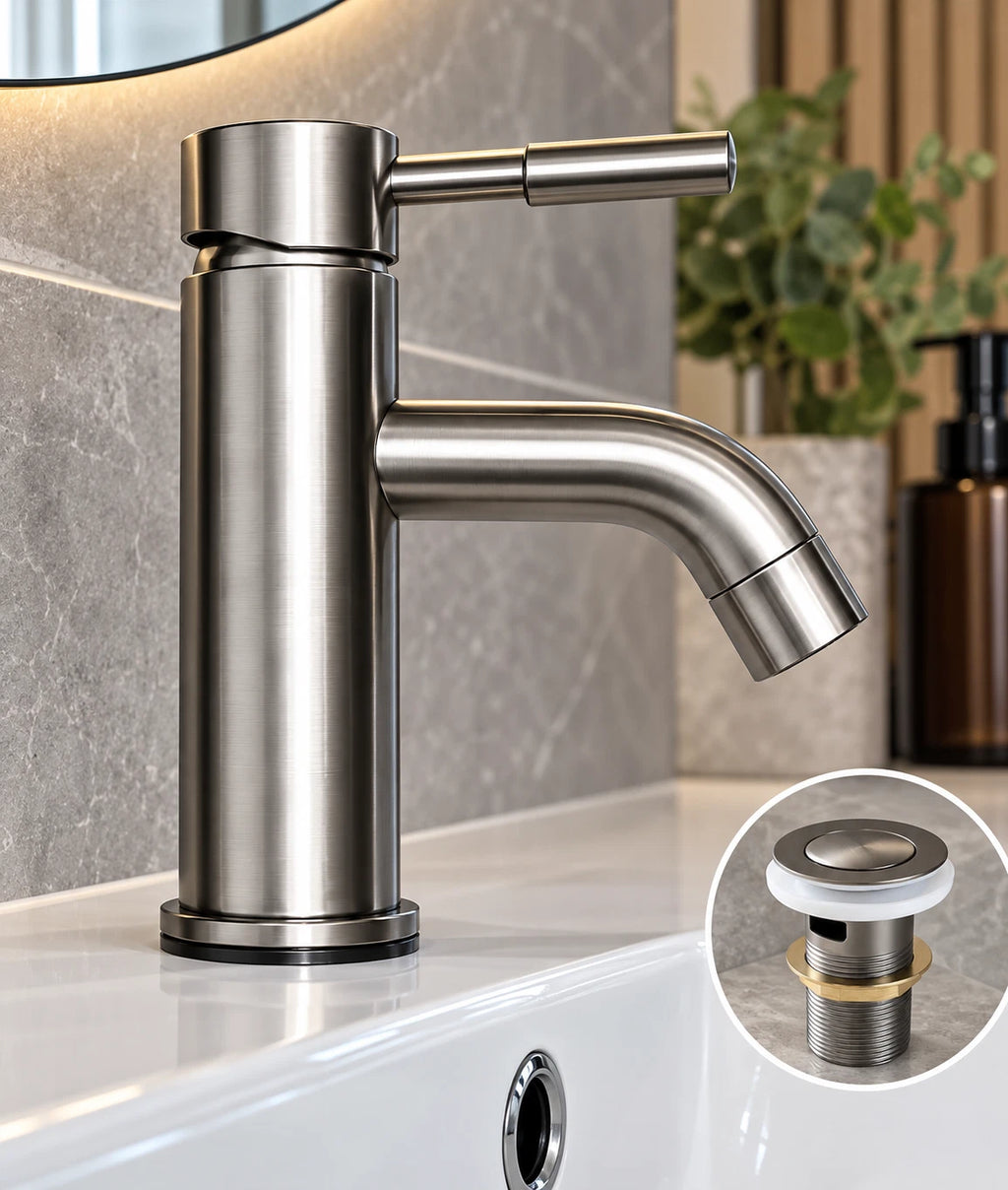 Gunmetal Grey Bathroom Basin Sink Tap Mono Mixer Round Modern Faucet + Waste