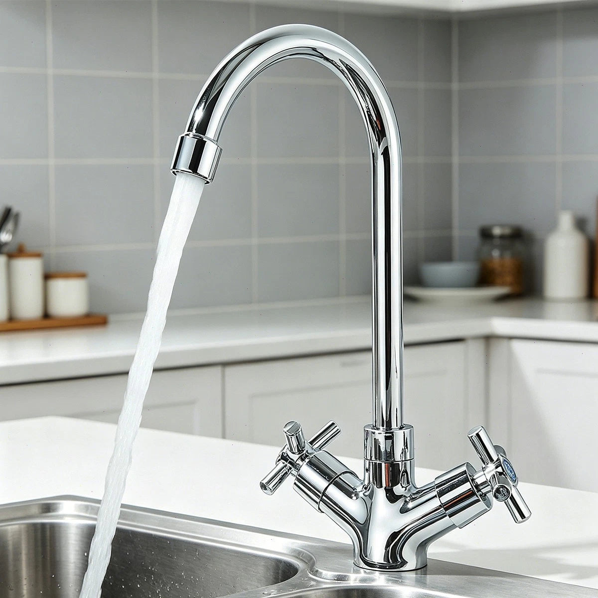 Kitchen Mixer Tap 360° Swivel Dual Handle Lever Modern Mono Chrome Effect Sink Tap