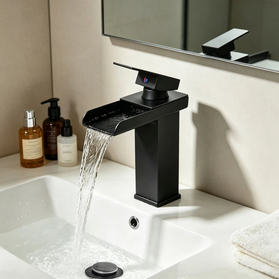 Black Square Waterfall Cloakroom Mini Basin Mixer Tap Sink Mono Bathroom + Waste