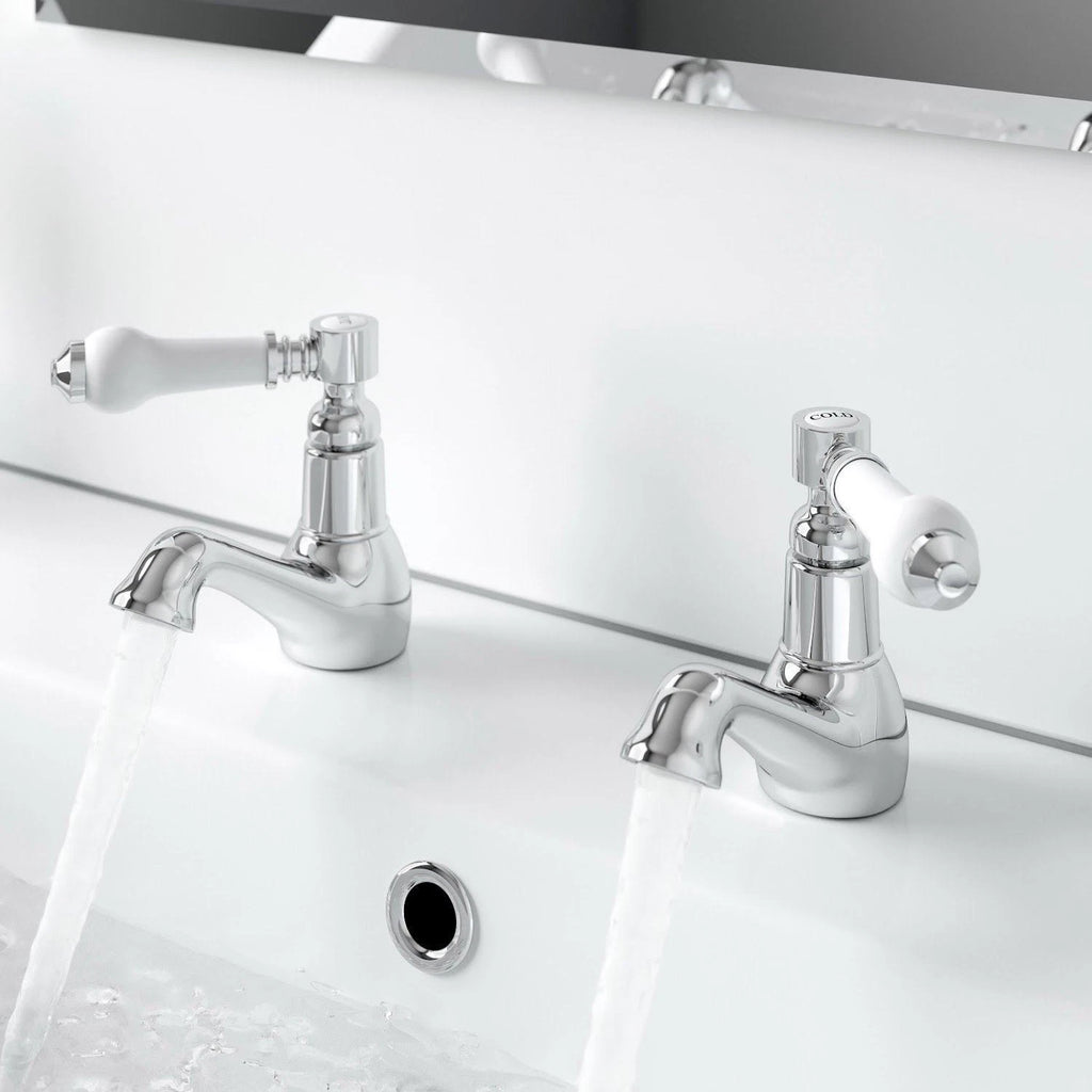 Traditional Basin Sink Taps Bathroom Hot Cold Chrome Ceramic Twin Lever Handles