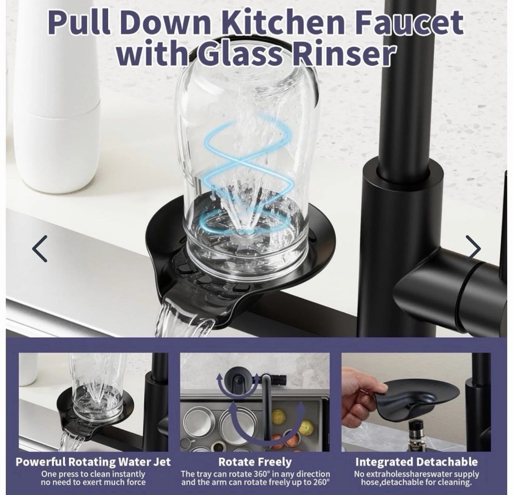 Kitchen Mixer Tap with Pull Out Sprayer Glass Rinser Dual Spray Modes Matt Black