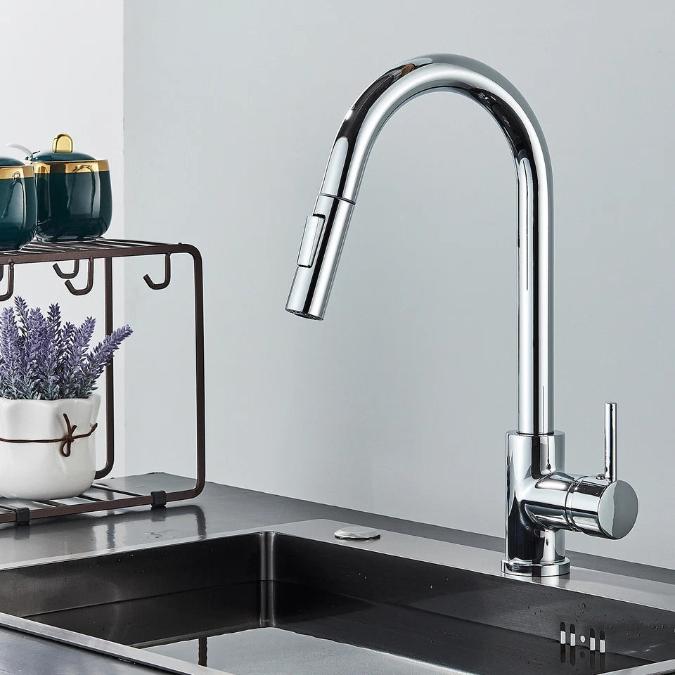 Chrome Modern Mono Kitchen Mixer Tap Pull Out Spray Head Single Lever Swivel Sink Tap