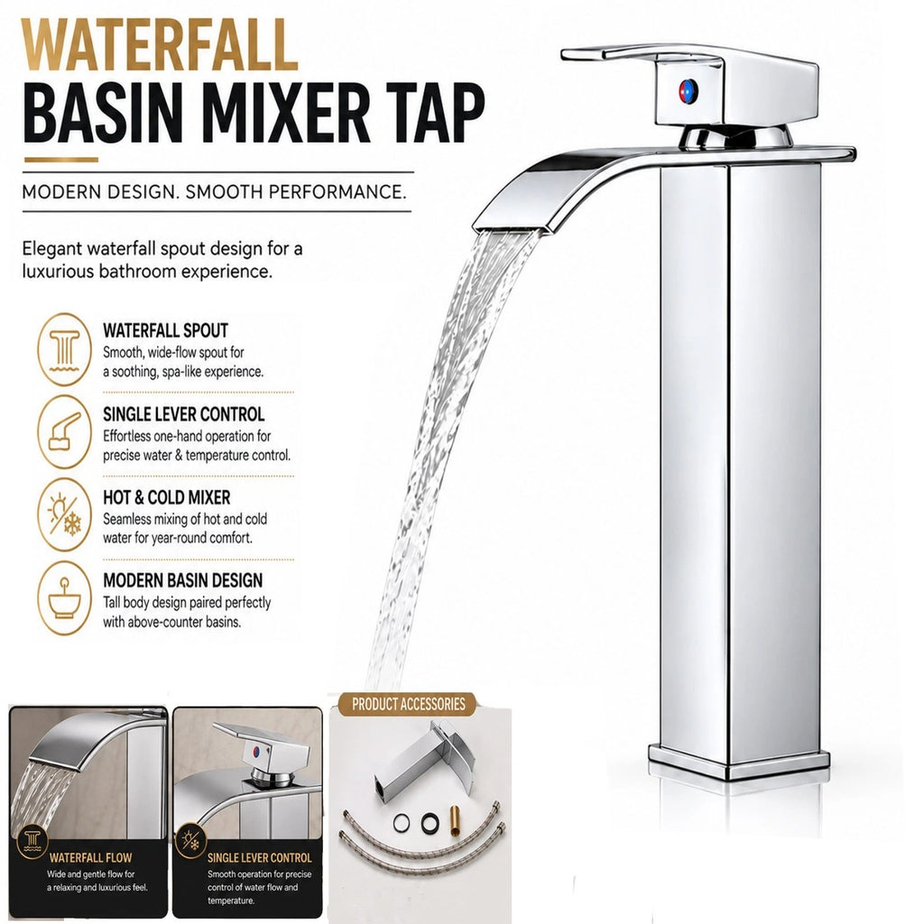 Tall Waterfall Basin Mixer Tap Chrome Bathroom Counter Top Brass Faucets Taps
