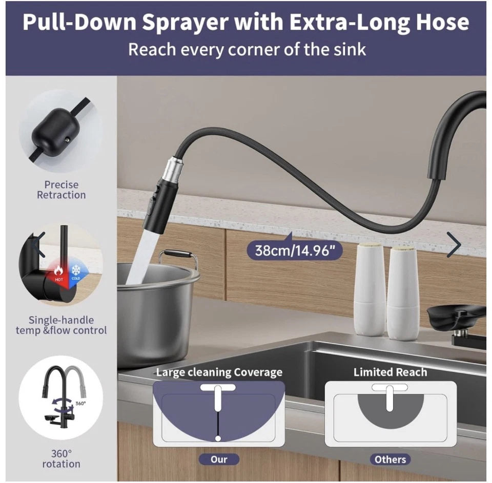 Kitchen Mixer Tap with Pull Out Sprayer Glass Rinser Dual Spray Modes Matt Black