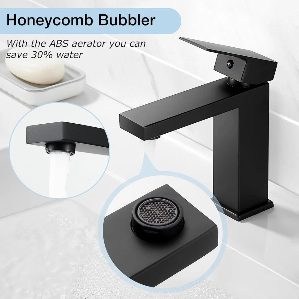 NEW Modern Waterfall Bathroom Tap Basin Sink Mono Mixer Black Cloakroom + Waste