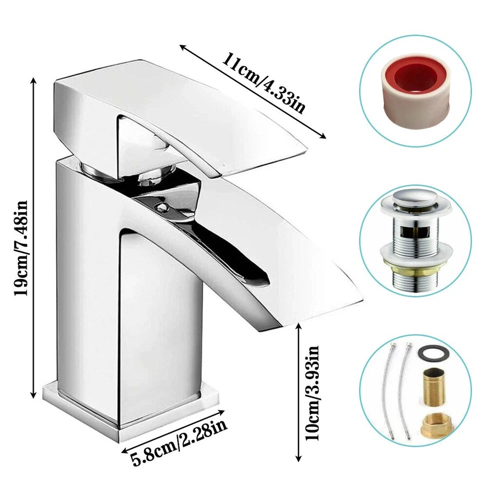 Waterfall Mono Basin Mixer Tap Chrome Cloakroom Sink Faucet with Waste Set