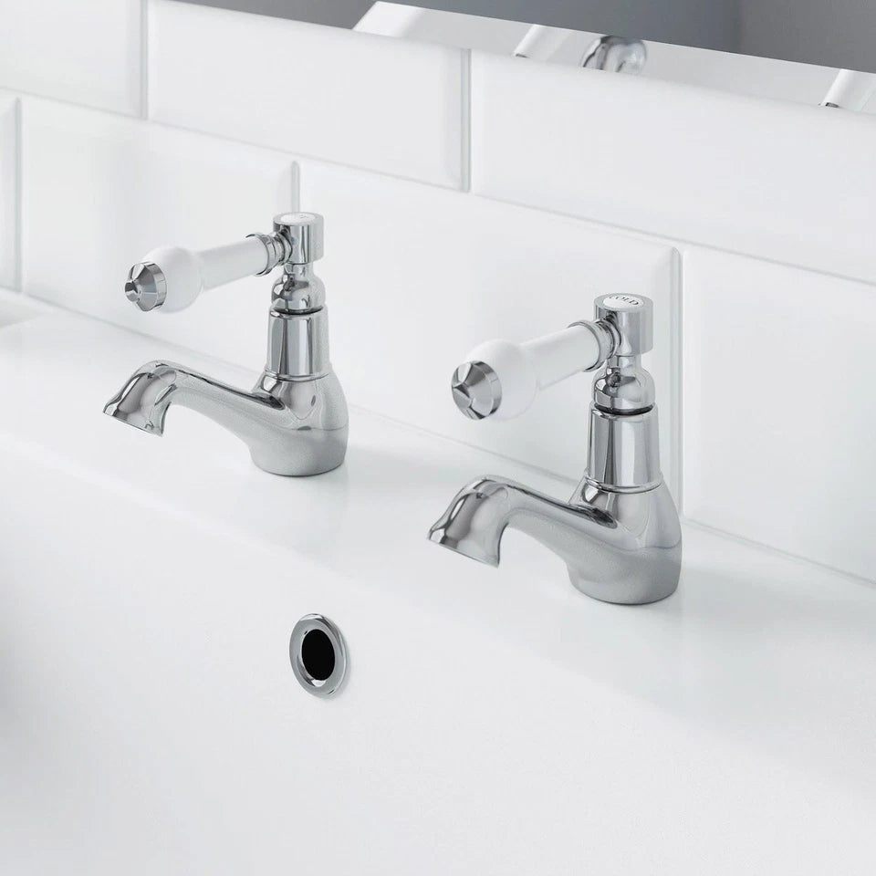 Traditional Basin Sink Taps Bathroom Hot Cold Chrome Ceramic Twin Lever Handles