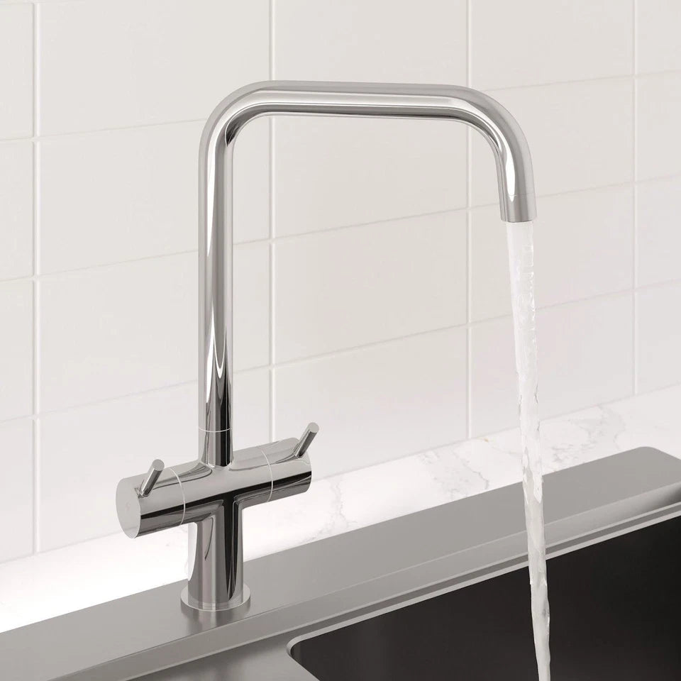 Modern Mono Kitchen Sink Mixer Tap Twin Lever Stick Handles Swivel Chrome Faucet