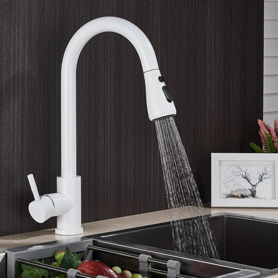 White Modern Mono Kitchen Mixer Tap Pull Out Spray Head Single Lever Swivel Sink Tap