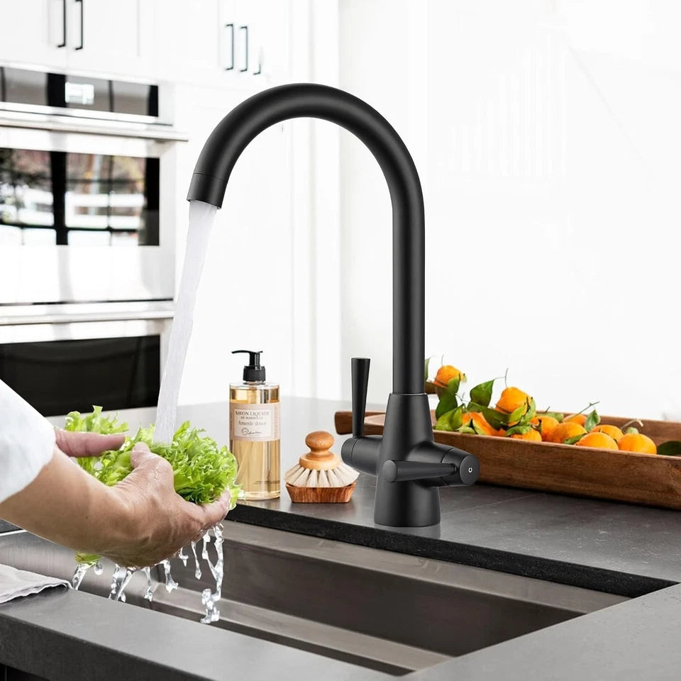 Modern Kitchen Sink Mixer Taps Swivel Spout Twin Lever Tap Mono Black Faucet