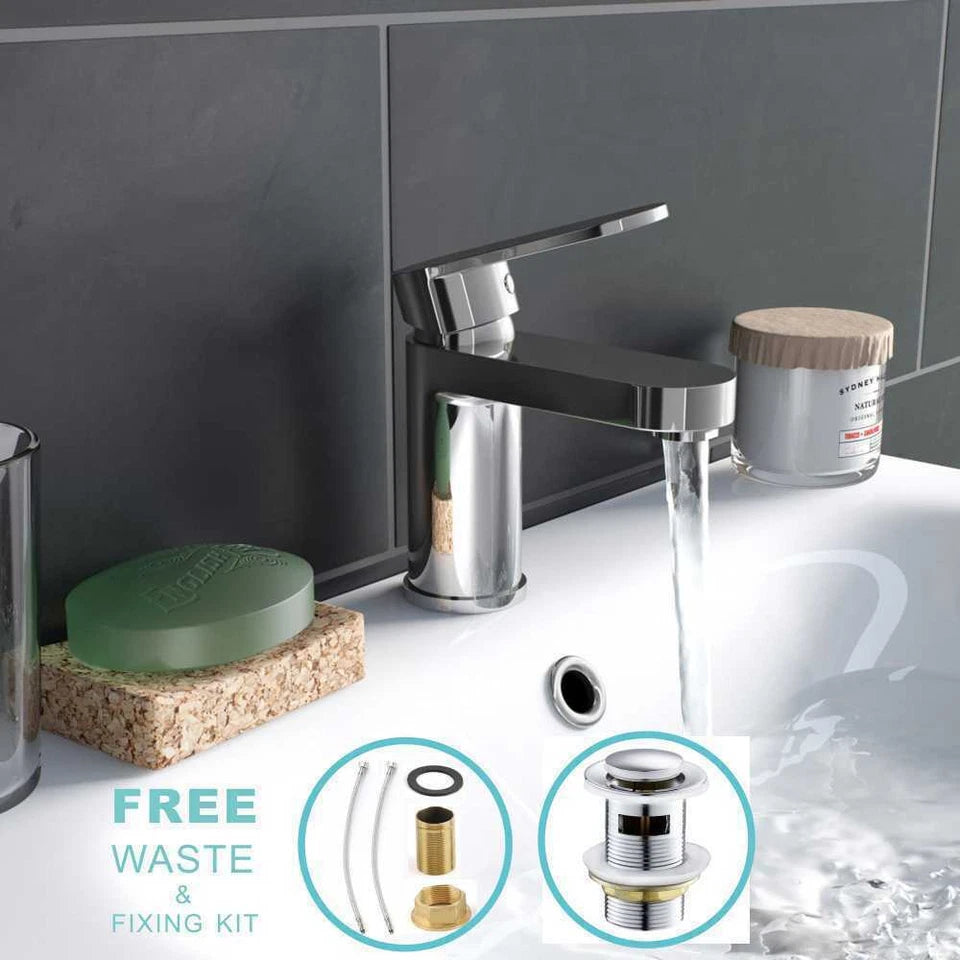 NEW Modern Bathroom Tap Basin Sink Mono Mixer Chrome Cloakroom + Waste