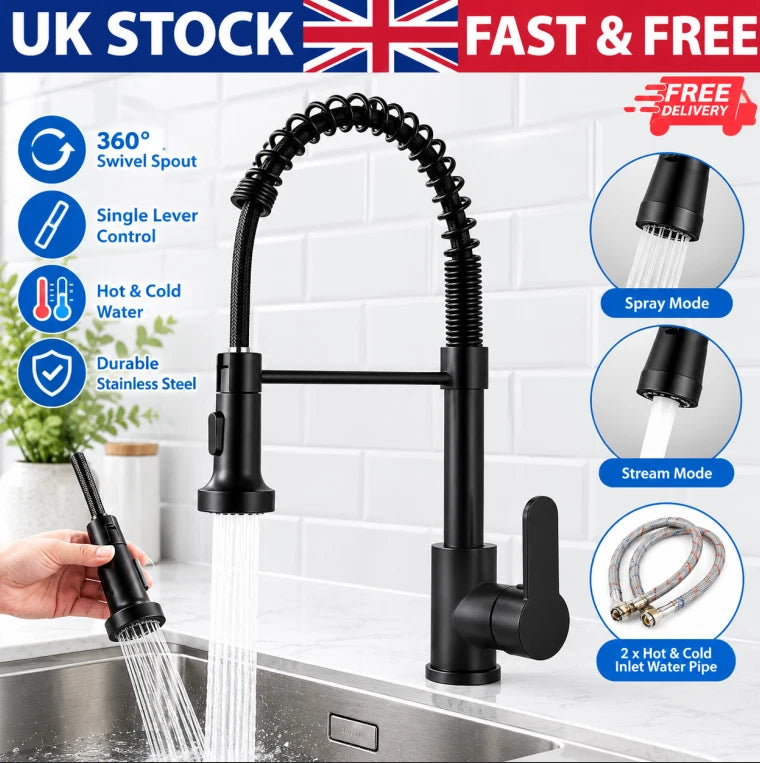 Pull Out Kitchen Tap Mixer Spray Faucet Black 360° Swivel Sink Tap UK