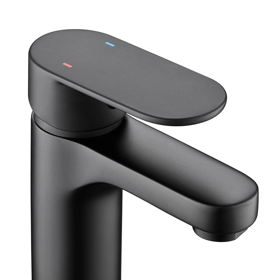 NEW Modern Waterfall Bathroom Tap Basin Sink Mono Mixer Black Cloakroom + Waste