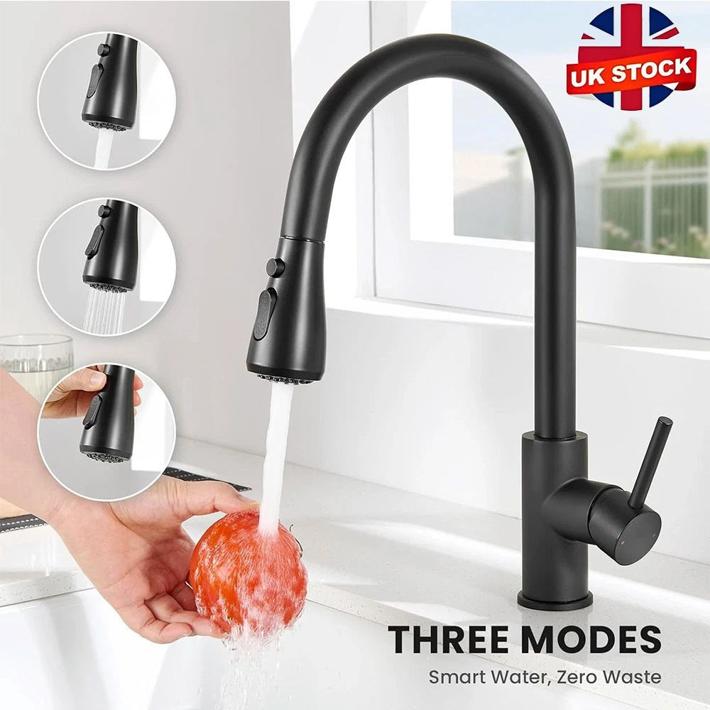 Kitchen Sink Mixer Taps Pull Out Spout Spray Single Lever Modern Mono Tap Black