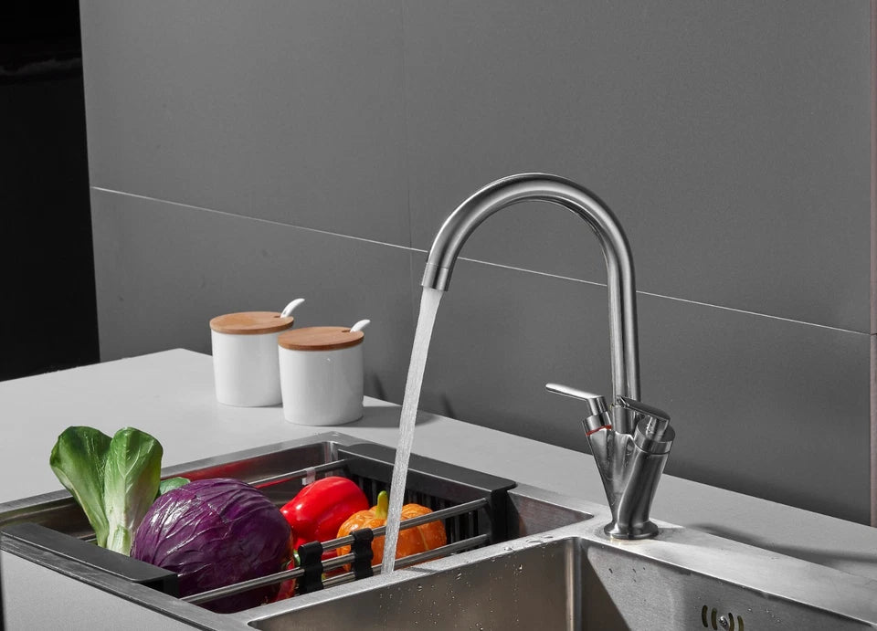 Stainless Steel Tap Double Lever Kitchen Sink Taps Mono Bloc High Swan Swivel