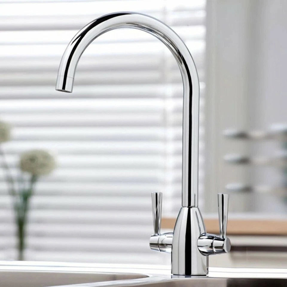 Kitchen Modern Mono Sink Mixer Tap Twin Lever Chrome Swivel Spout Faucet