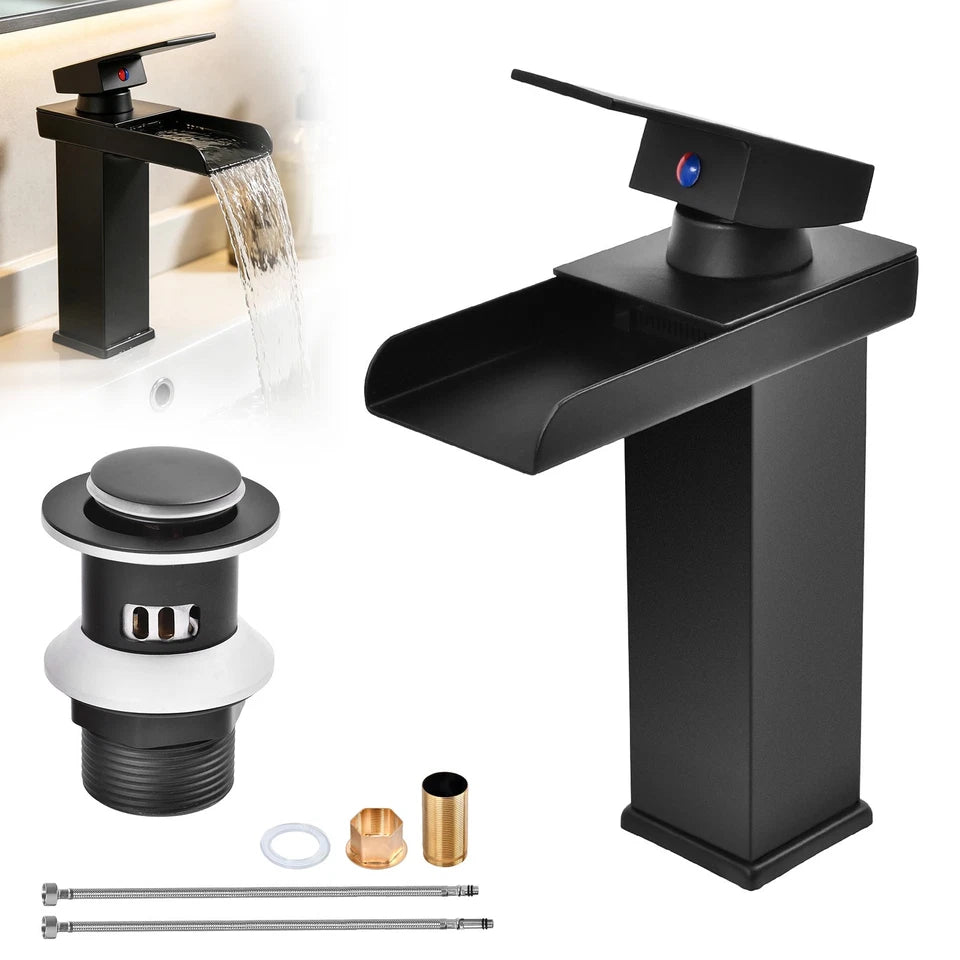 Black Square Waterfall Cloakroom Mini Basin Mixer Tap Sink Mono Bathroom + Waste