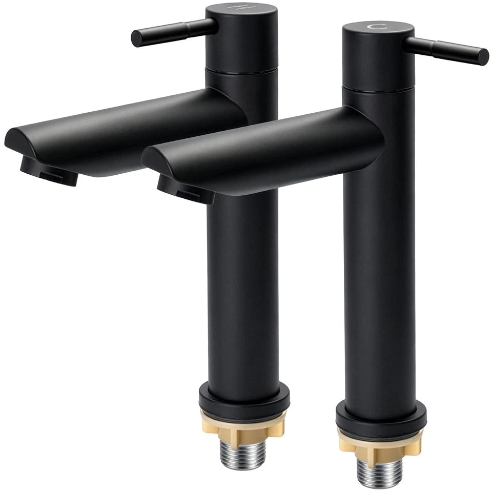 Round Cloakroom Taps Black Basin Pillar Taps Pair, Twin Hot & Cold Sink Taps