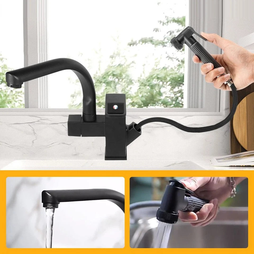 Matt Black Monobloc Kitchen Sink Mixer Tap with Pull Out Hose Spray Single Lever