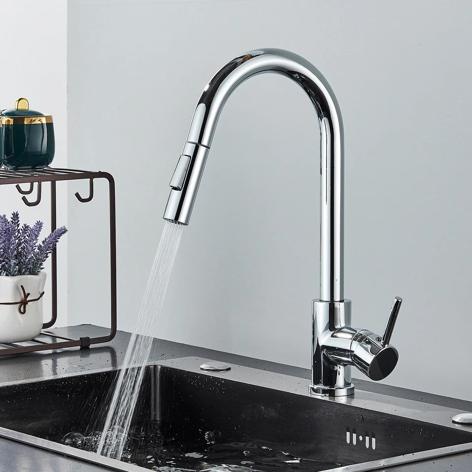 Chrome Modern Mono Kitchen Mixer Tap Pull Out Spray Head Single Lever Swivel Sink Tap