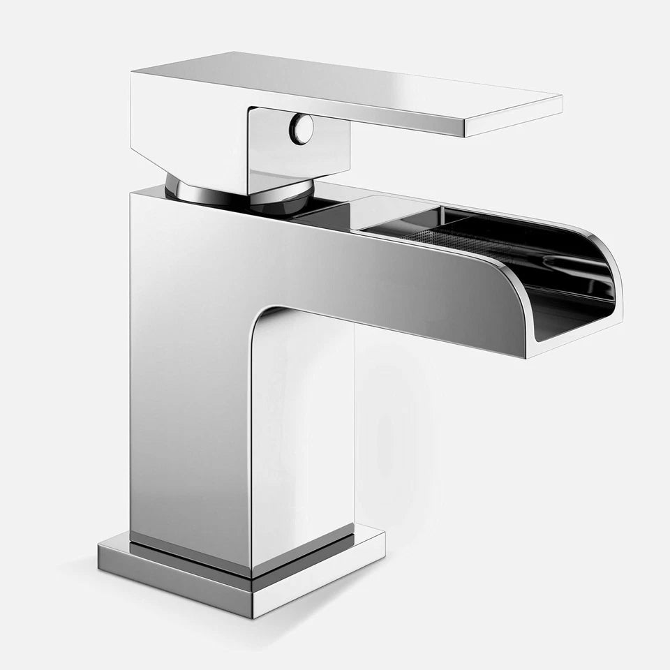 Cloakroom Chrome Luxury Bathroom Modern Basin Sink Mono Square Mixer Tap & Waste