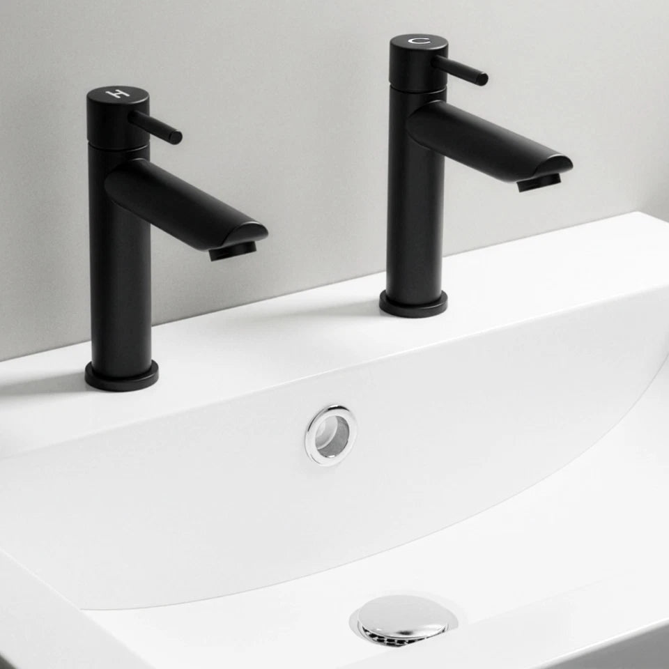 Round Cloakroom Taps Black Basin Pillar Taps Pair, Twin Hot & Cold Sink Taps
