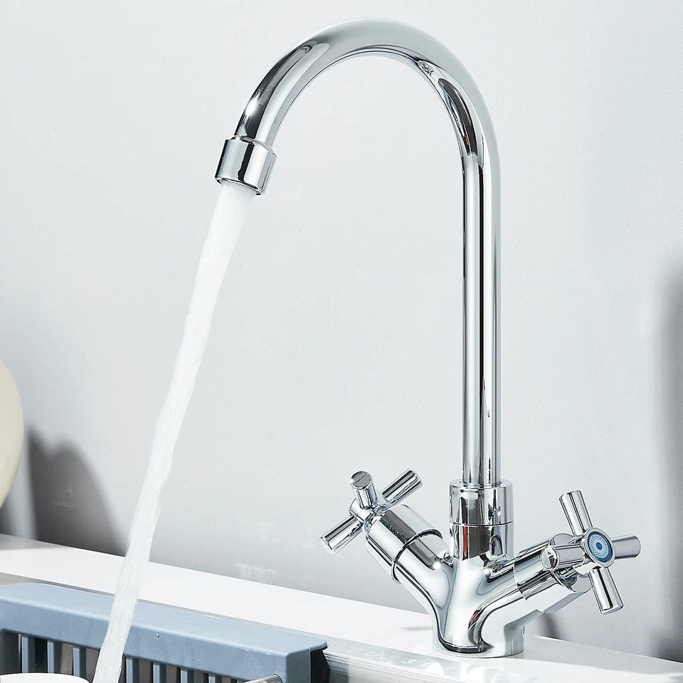 Kitchen Mixer Tap 360° Swivel Dual Handle Lever Modern Mono Chrome Effect Sink Tap