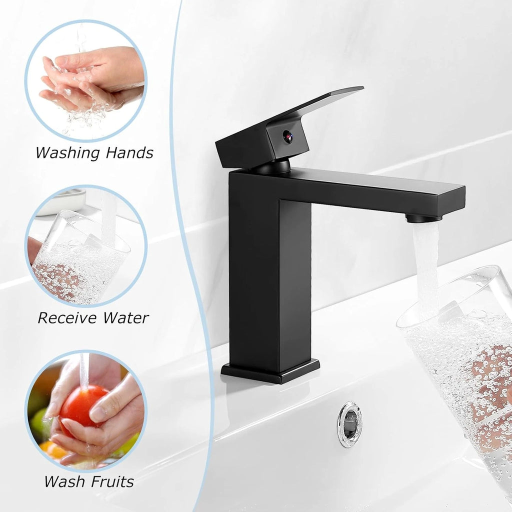 NEW Modern Waterfall Bathroom Tap Basin Sink Mono Mixer Black Cloakroom + Waste