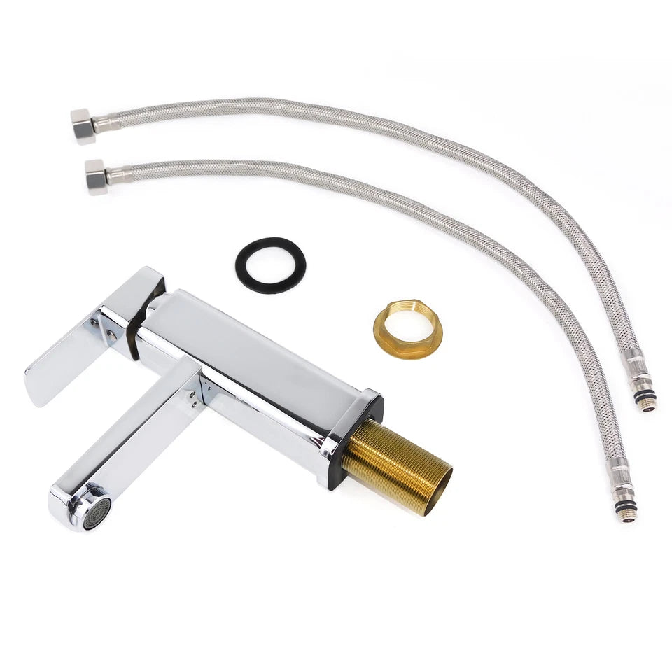 Waterfall Bathroom Basin Mono Mixer Tap Chrome Cloakroom with Flexible Hoses