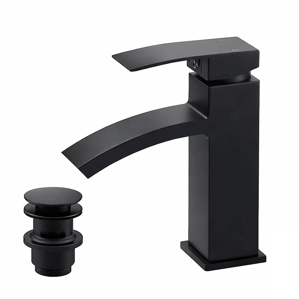 Black Bathroom Basin Mixer Tap Curved Modern Mono Cloakroom Sink Tap + Fittings