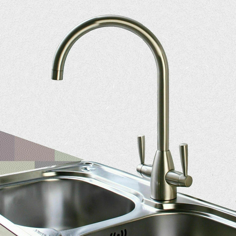 Kitchen Modern Mono Sink Mixer Tap Twin Lever Chrome Brushed Swivel Spout Faucet