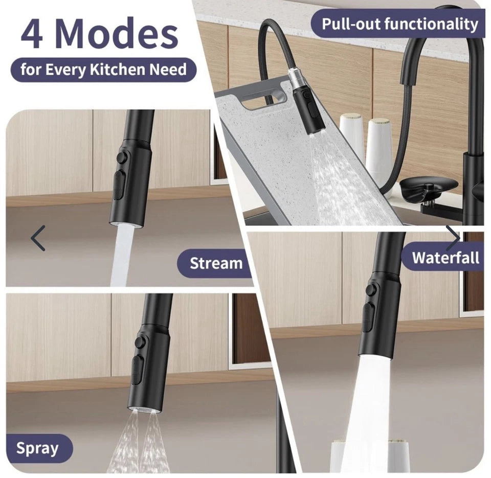 Kitchen Mixer Tap with Pull Out Sprayer Glass Rinser Dual Spray Modes Matt Black