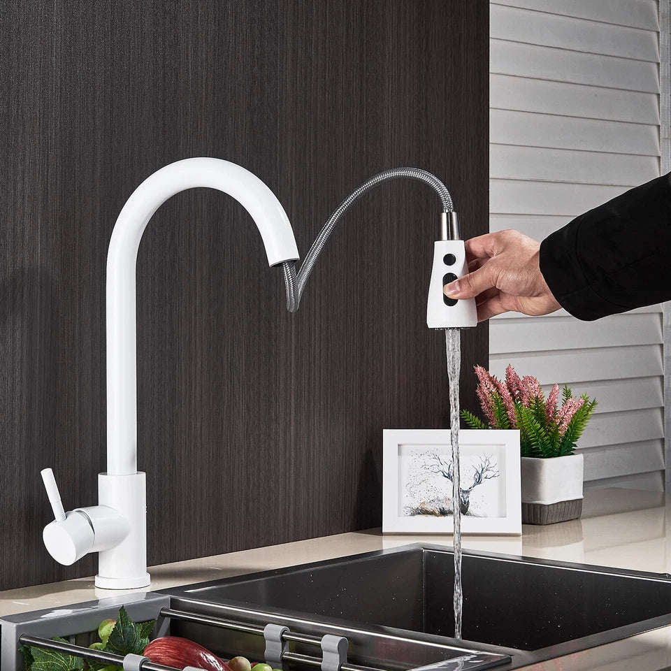 White Modern Mono Kitchen Mixer Tap Pull Out Spray Head Single Lever Swivel Sink Tap