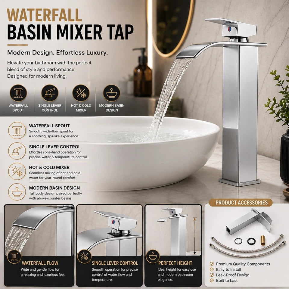 Tall Waterfall Basin Mixer Tap Chrome Bathroom Counter Top Brass Faucets Taps