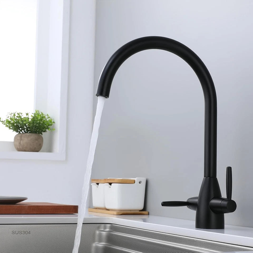 Modern Kitchen Sink Mixer Taps Swivel Spout Twin Lever Tap Mono Black Faucet