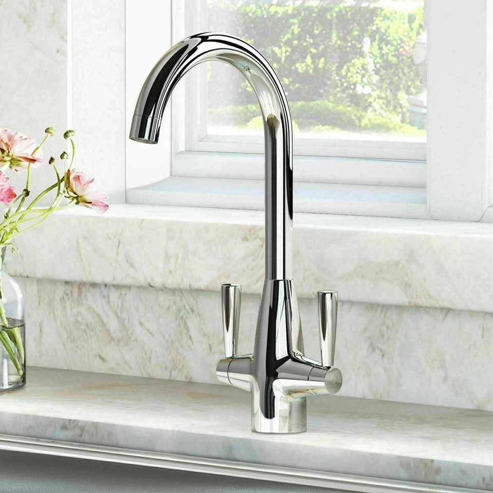 Kitchen Modern Mono Sink Mixer Tap Twin Lever Chrome Swivel Spout Faucet