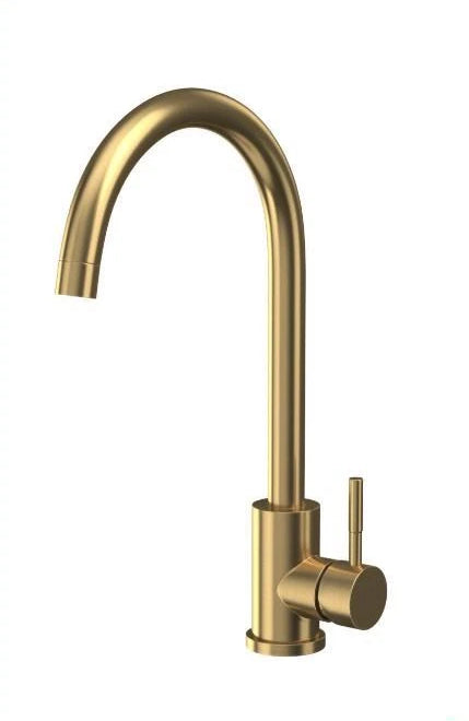 Brushed Brass Mixer Tap Kitchen Tap Single Handle C High Spout Tap-WRAS Approved