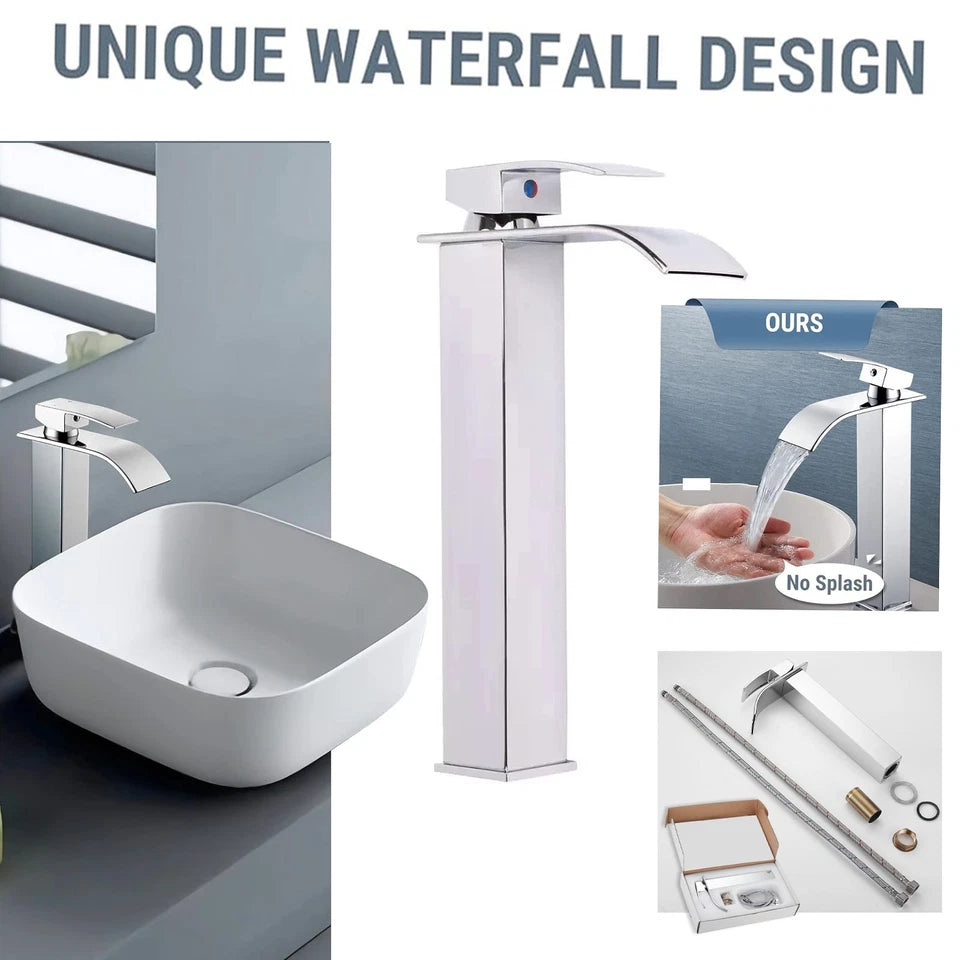 Tall Waterfall Basin Mixer Tap Chrome Bathroom Counter Top Brass Faucets Taps