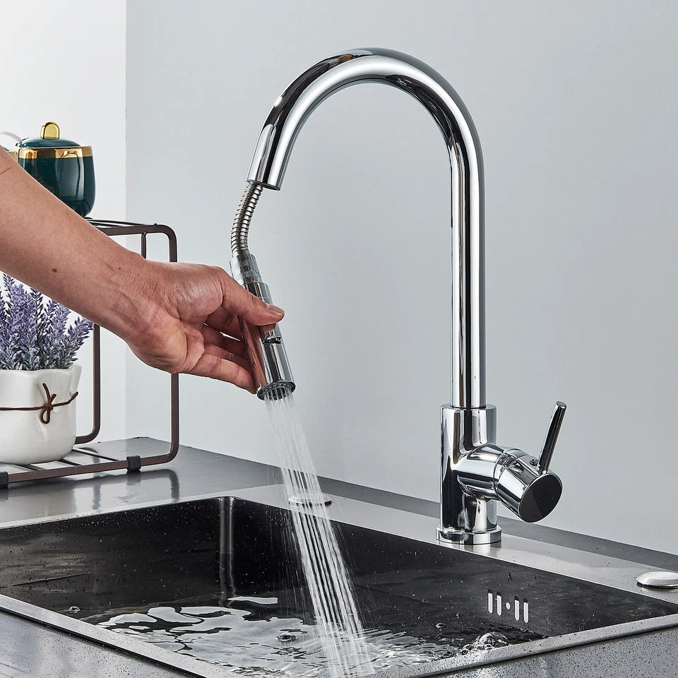 Chrome Modern Mono Kitchen Mixer Tap Pull Out Spray Head Single Lever Swivel Sink Tap