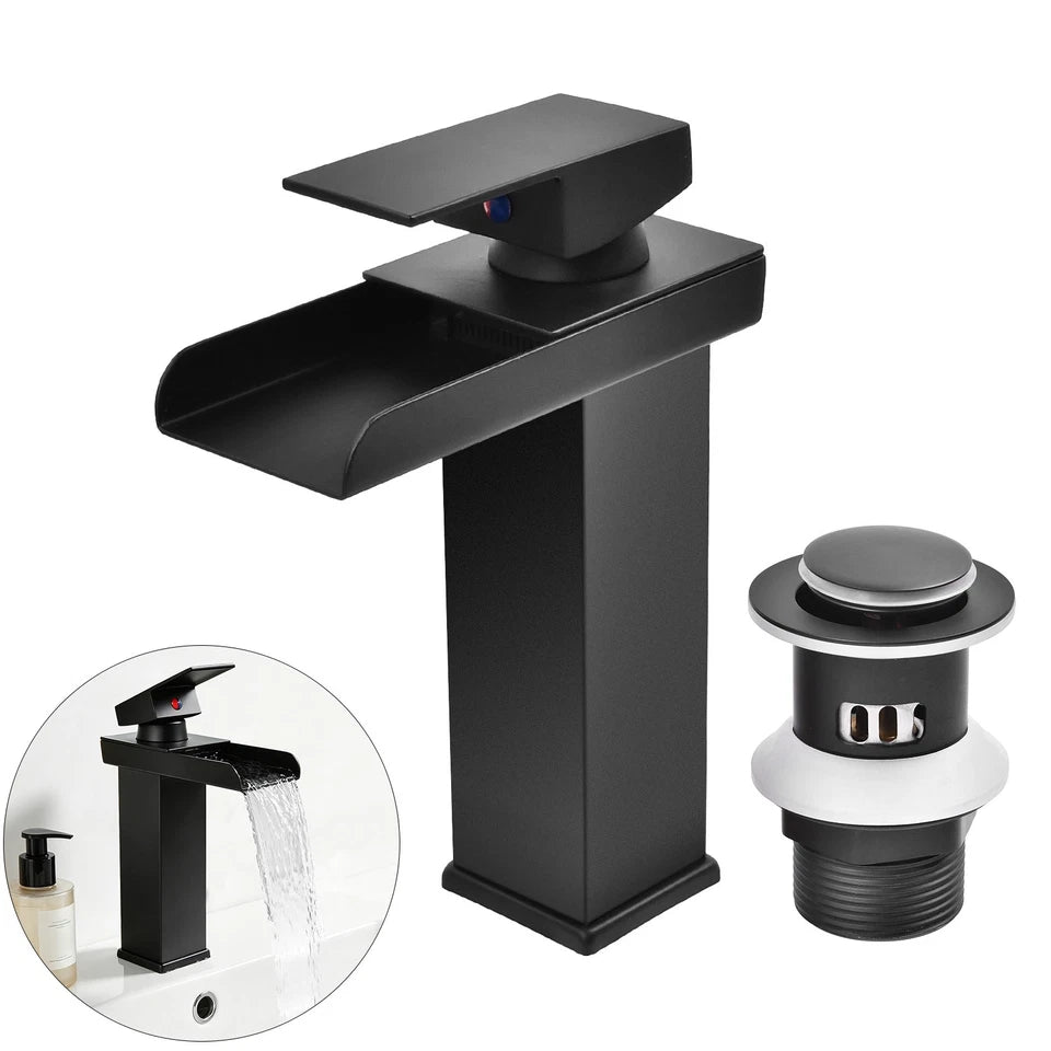 Black Square Waterfall Cloakroom Mini Basin Mixer Tap Sink Mono Bathroom + Waste