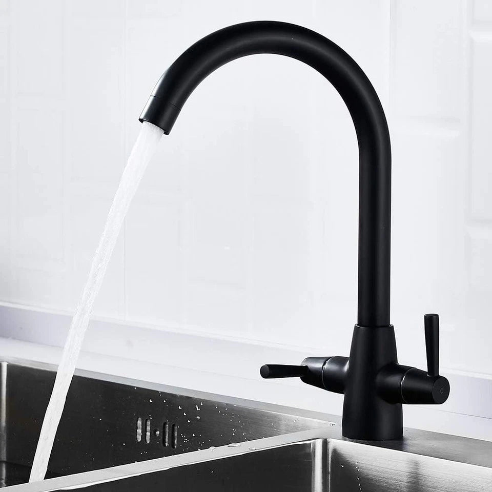 Modern Kitchen Sink Mixer Taps Swivel Spout Twin Lever Tap Mono Black Faucet