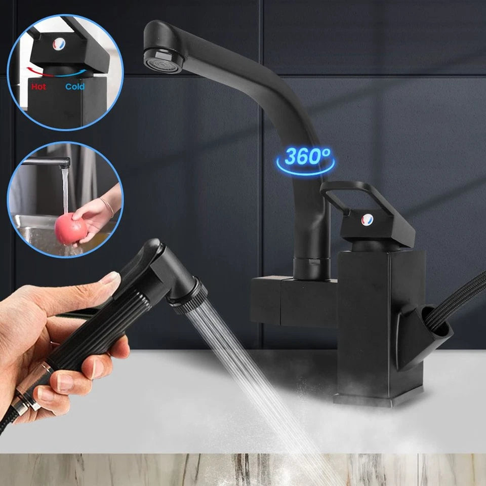 Matt Black Monobloc Kitchen Sink Mixer Tap with Pull Out Hose Spray Single Lever