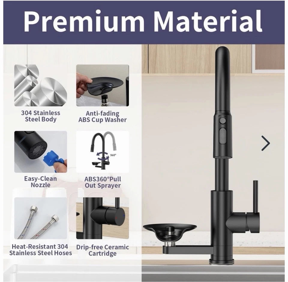 Kitchen Mixer Tap with Pull Out Sprayer Glass Rinser Dual Spray Modes Matt Black